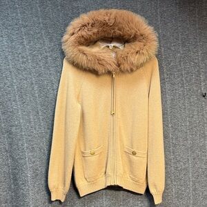 St. John Tan Cashmere Cardigan with Real Fur Hood